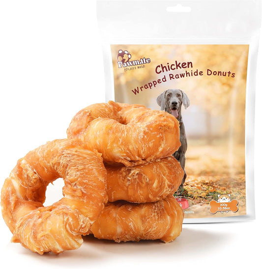 Pawmate Chicken Wrapped Rawhide Donuts - Large Dog Chews (4 Count)
