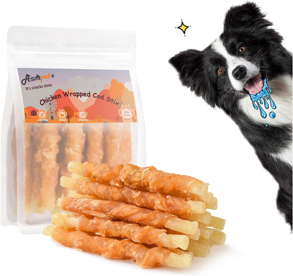 ASMPET Dog Treats - Chicken Wrapped Cod Fish, Omega-3, Grain-Free, Rawhide-Free, for Small & Medium Dogs