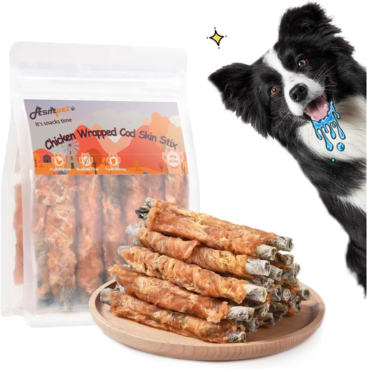 ASMPET Dog Treats - Chicken Jerky Wrapped Cod Fish Skin, Omega-3, High Protein, Rawhide-Free, 10.6 oz