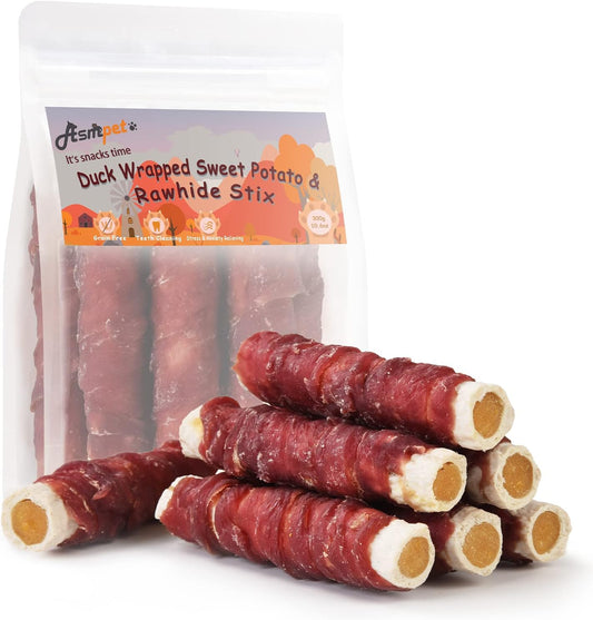 ASMPET Dog Treats - Duck Wrapped Sweet Potato, Grain-Free, Teeth Cleaning Chews for Medium & Large Dogs