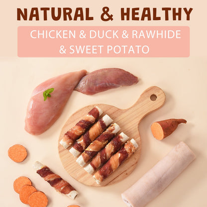 ASMPET Rawhide Dog Treats Chicken & Duck Wrapped Rawhide Sweet Potato Stick, Long Lasting Dog Bone, Teeth Cleaning for Medium Large Dogs, 10.6oz