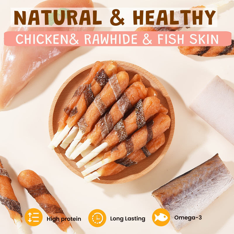 ASMPET Fish Skins Wrapped ChickenDog Treats, All-Natural Rawhide Dog Chew, Rich in Omega3 & Protein, 10.6oz