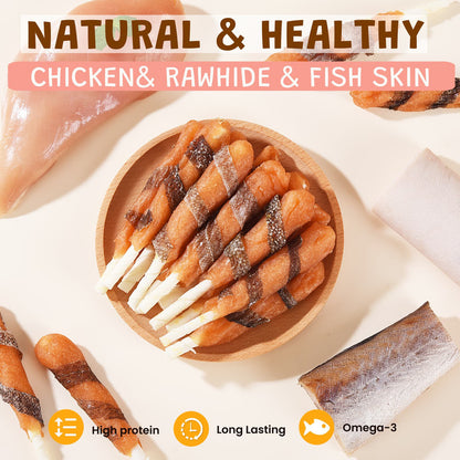 ASMPET Fish Skins Wrapped ChickenDog Treats, All-Natural Rawhide Dog Chew, Rich in Omega3 & Protein, 10.6oz
