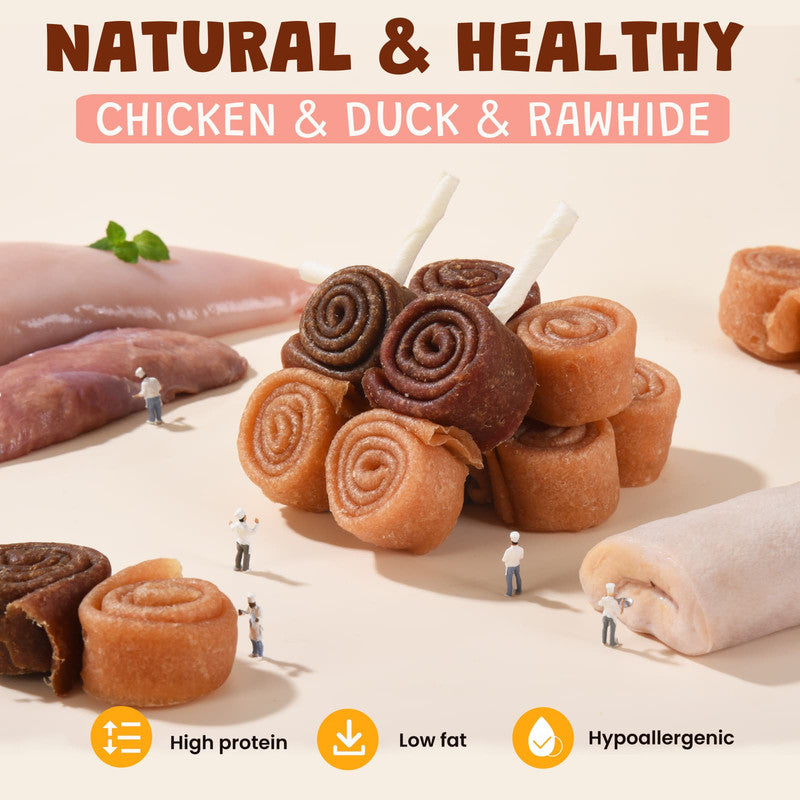 ASMPET Chicken Duck Rawhide Dog Chew, Triple Flavor Long-Lasting Treat for Dogs, 10.5oz.