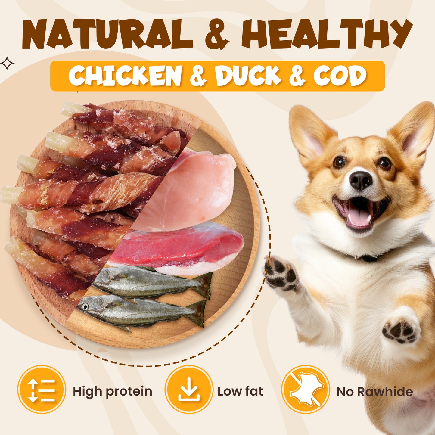 ASMPET Rawhide Free Dog Treats Chicken Jerky & Duck Wrap Cod Sticks, Healthy Treats for Dogs, Soft Chewy Healthy Natural Treats, 15pcs, 11oz