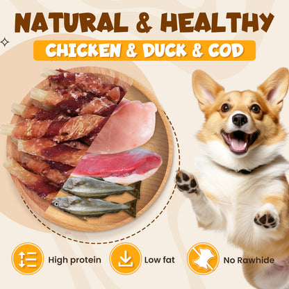 ASMPET Rawhide Free Dog Treats Chicken Jerky & Duck Wrap Cod Sticks, Healthy Treats for Dogs, Soft Chewy Healthy Natural Treats, 15pcs, 11oz