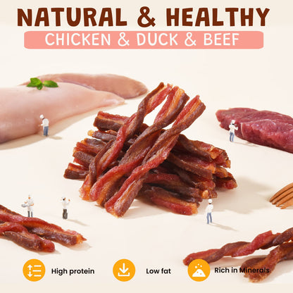 ASMPET Natural Soft Dog Treats, Real Premium Beef, Chicken and Duck Jerky Twist for Small Medium Large Dog, 10.5 oz