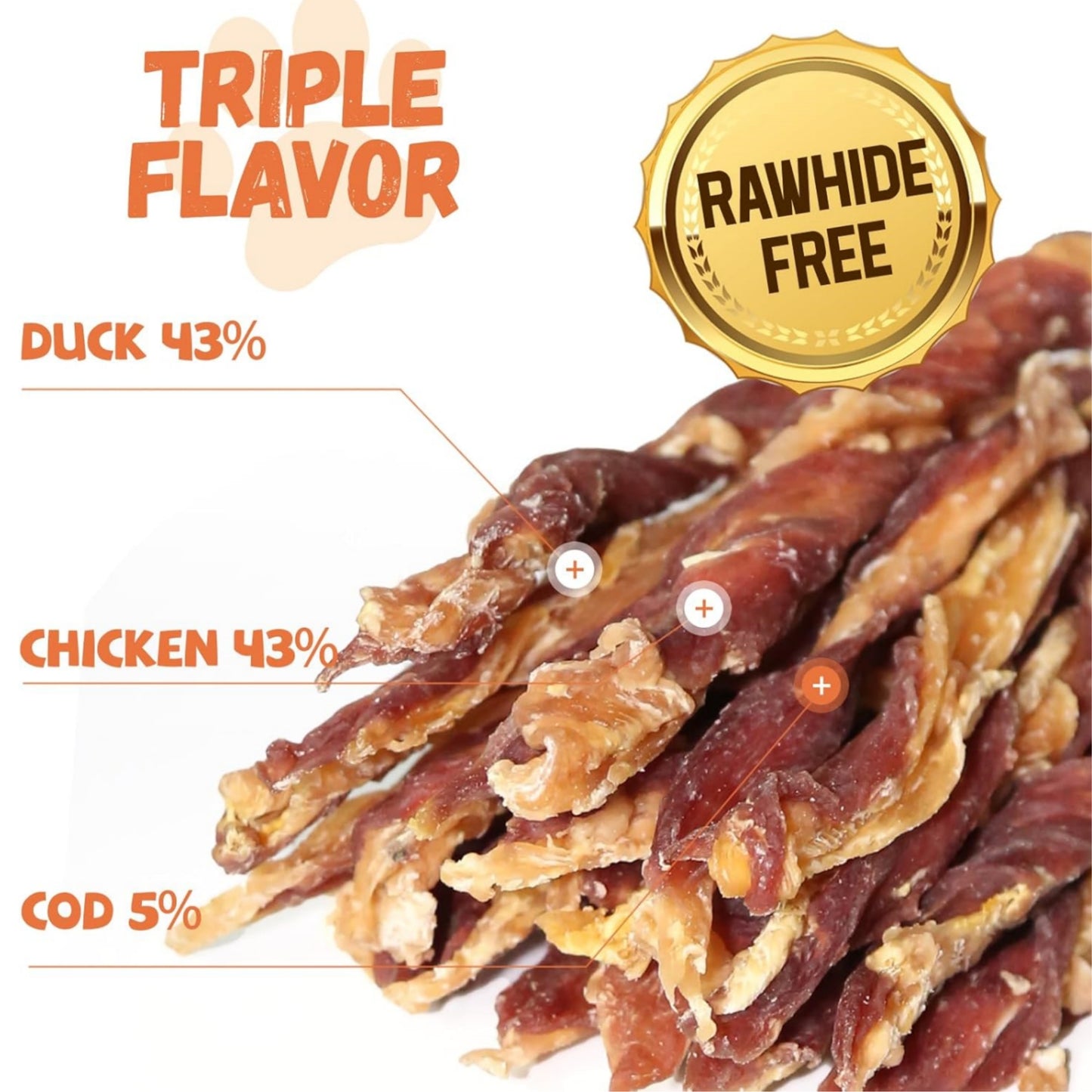 Dog Jerky Treats, Triple Flavor Jerky Twist Sticks 5 inch, Chicken Duck Wrapped Cod Sticks Rawhide Free Grain Free Dog Training Snacks Chewy Sticks Treats for Medium Large Dog 10.58oz