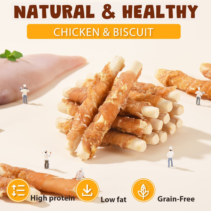 ASMPET Chicken Jerky Wrapped Biscuits Stick Dog Treats, Soft Chewy Rawhide Free Dog Chews for Small Medium Large Dogs, 10.6oz