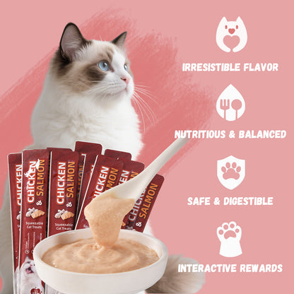 Pawmate Chicken & Salmon Lickable Cat Treats, 20 Sticks, Grain-Free Creamy Treats for Cats