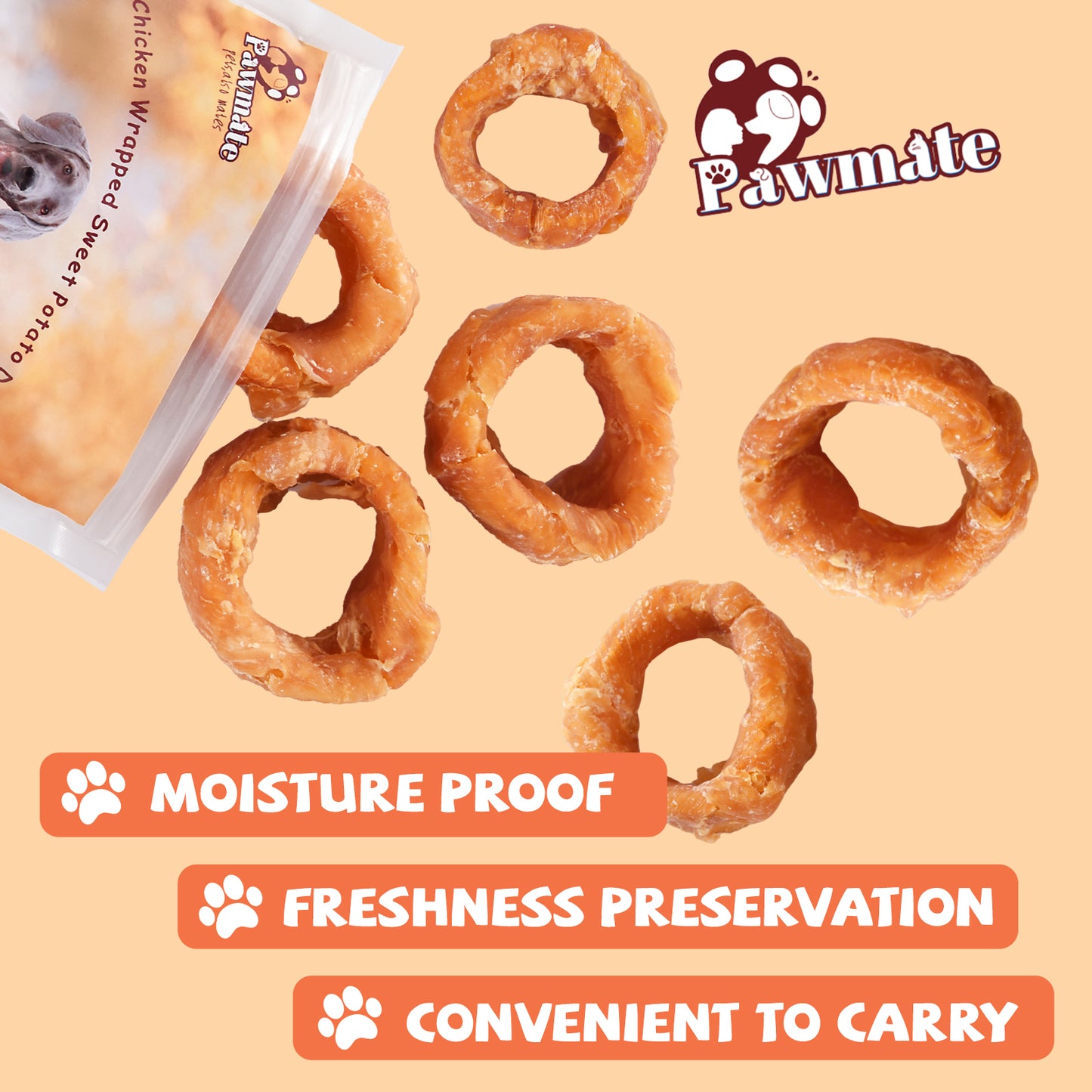 Pawmate Chicken Wrapped Sweet Potato Donut Dog Treats, Natural Healthy & Chewy Snack for All Dogs, 11oz