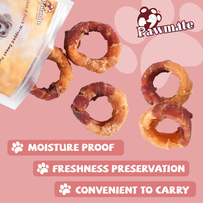 Pawmate Chicken & Duck Wrapped Sweet Potato Donut Dog Treats, Nutritious, Natural & Chewy Snack for All Dogs, 11oz