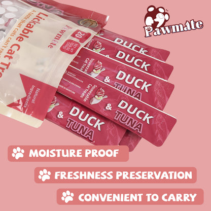 Pawmate Duck & Tuna Lickable Cat Treats, 20 Sticks, Grain-Free Creamy Treats for Cats
