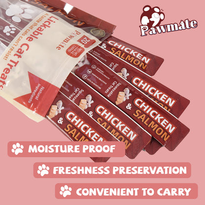 Pawmate Chicken & Salmon Lickable Cat Treats, 20 Sticks, Grain-Free Creamy Treats for Cats