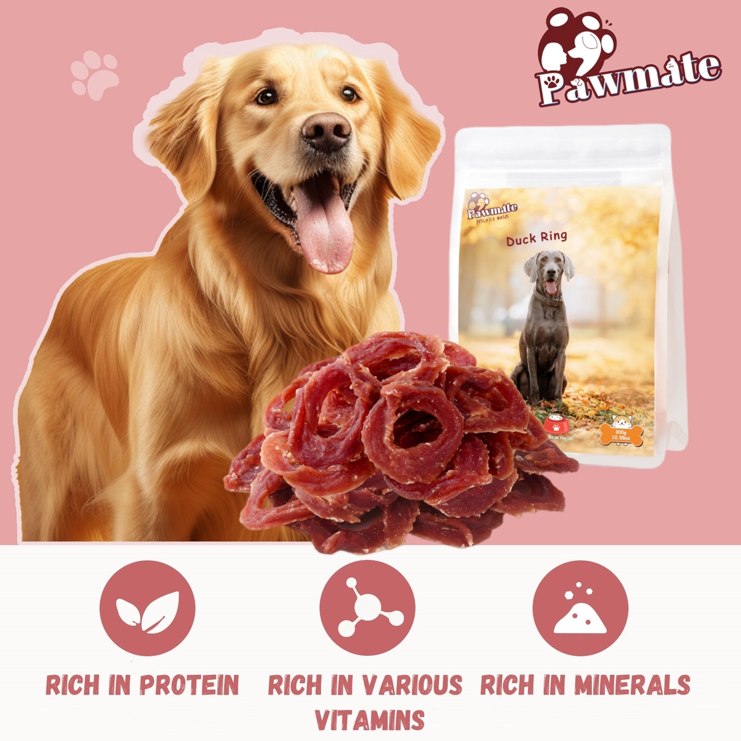 Pawmate Duck Jerky Dog Treats, Duck Jerky Rings for All Dogs, 23ct Packet