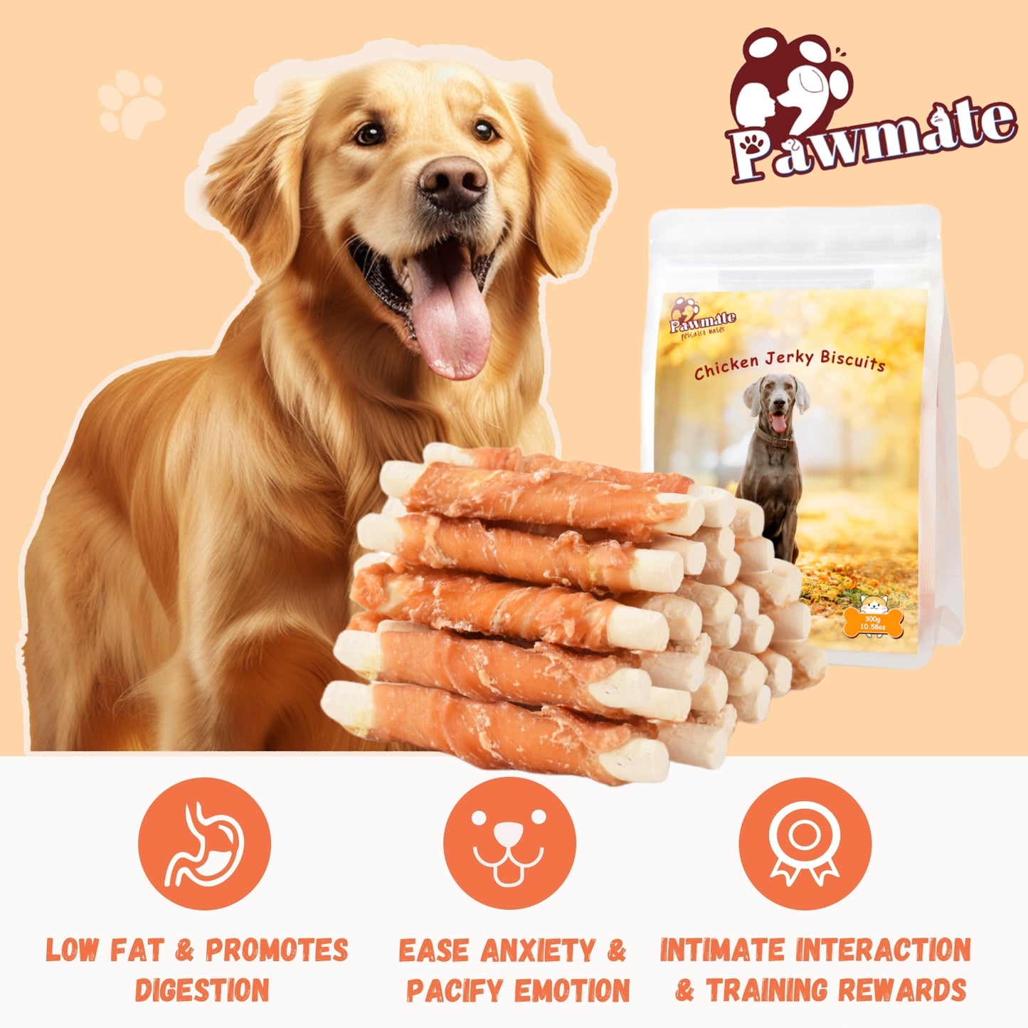 Pawmate Chicken Jerky Biscuits Dog Treats, Tasty Crunchy Chews for All Dogs, 11oz