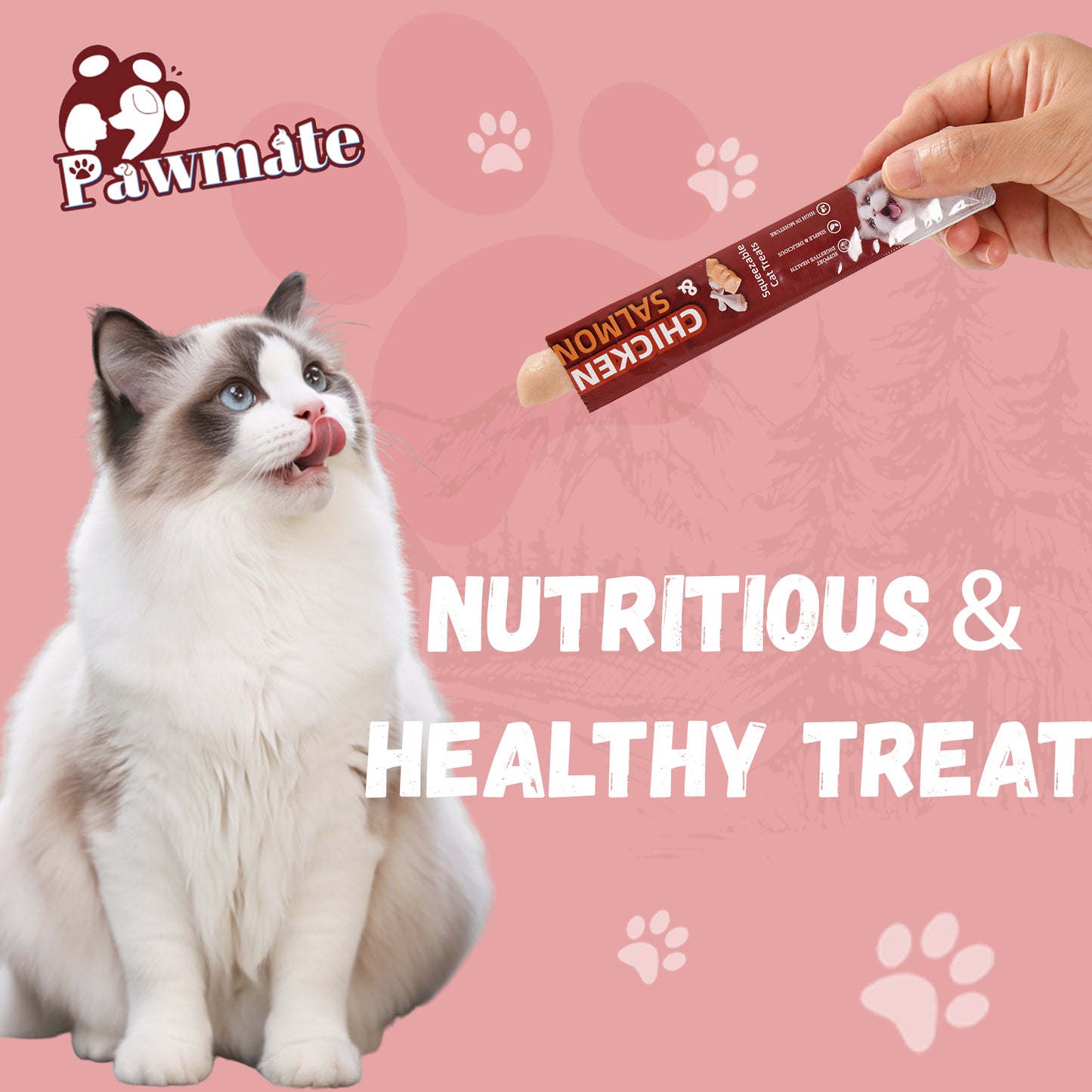 Pawmate Chicken & Salmon Lickable Cat Treats, 20 Sticks, Grain-Free Creamy Treats for Cats