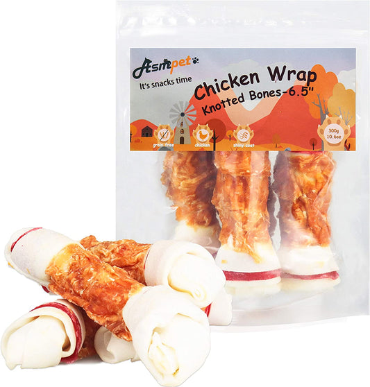 ASMPET Dog Chews Long Lasting 6.5" Knotted Bones, Chicken Wrapped, Rawhide, for Large Dogs & Puppies