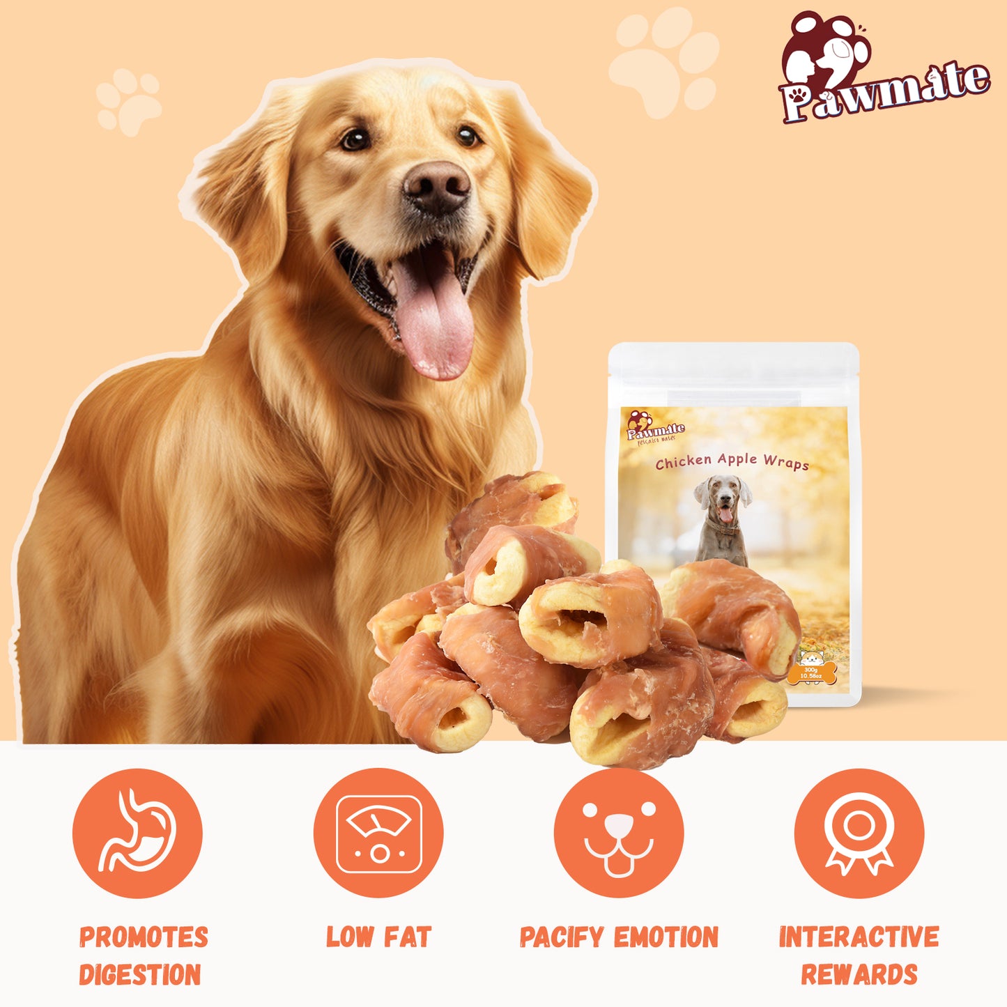 Pawmate Chicken Jerky Wrapped Apple Dog Treats, Promote Digestion Chews for All Dogs, 10.6oz