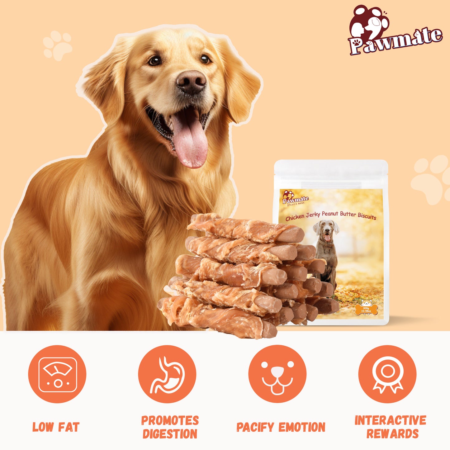 Pawmate Chicken Jerky Biscuits Dog Treats, Tasty Crunchy Peanut Butter Chews for All Dogs, 10.6oz