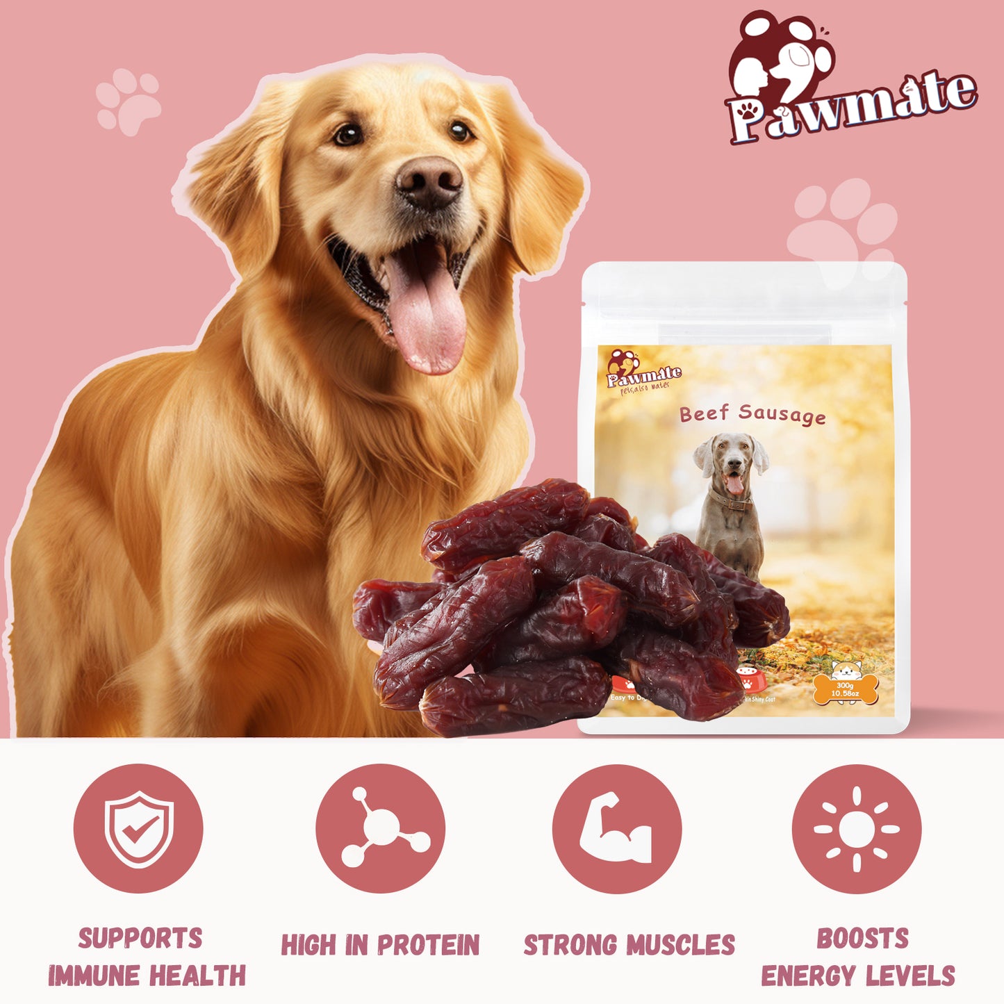 Pawmate Beef Sausage Dog Treats, Soft Low Fat Chewy Snacks for All Dogs, 10.6oz