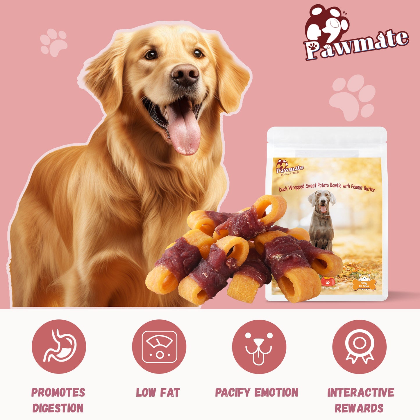 Pawmate Sweet Potato Dog Treats, Natural Duck Jerky Peanut Butter Chews for All Dogs,10.6oz