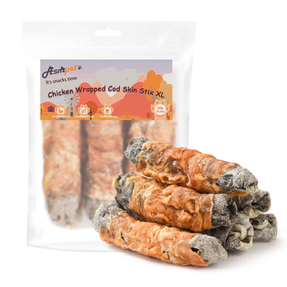 ASMPET Dog Treats - Chicken Wrapped Cod Skins, Omega-3, Grain-Free, Rawhide-Free, for Small & Large Dogs