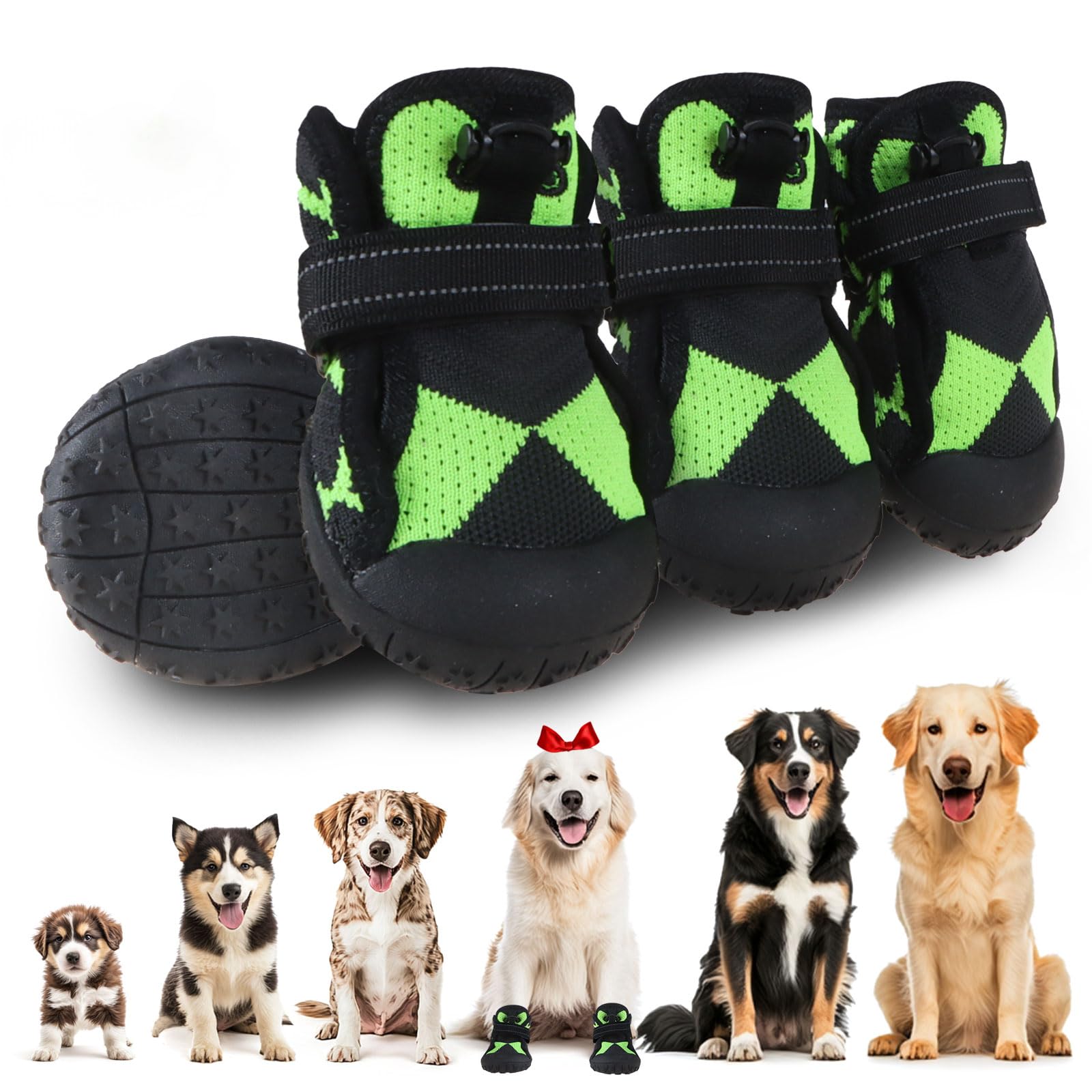Dog Shoes for Large Small Medium Dogs Waterproof Dog Boots & Paw Protectors with Breathable Mesh for Summer Hot Pavement Anti Slip Dog Booties for Hiking Hardwood Floors Winter Snow-green05