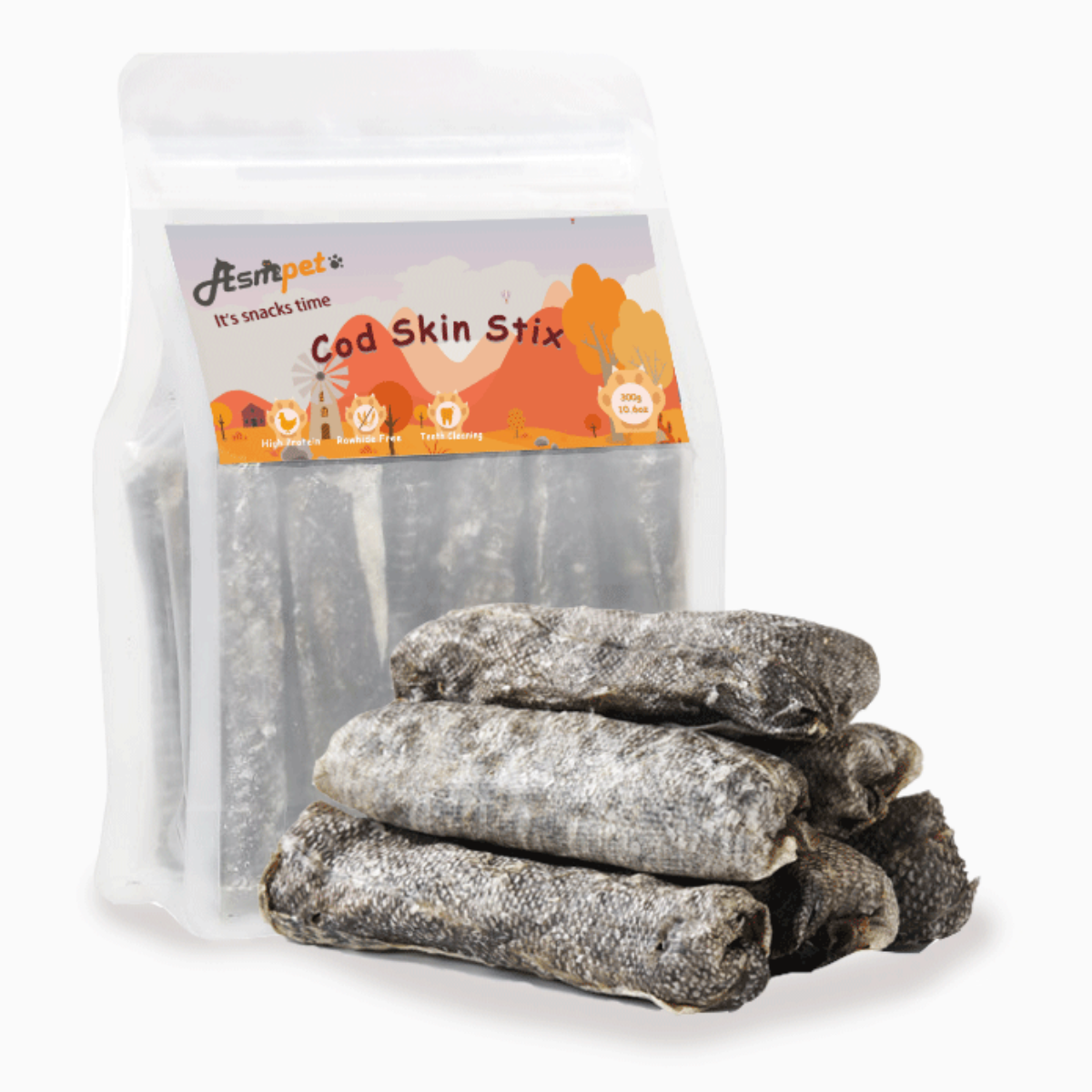 ASMPET Rawhide Free Dog Treats, Natural Teeth Cleaning Cod Skin Dog Chew for All Size, 6pcs, 10.6oz