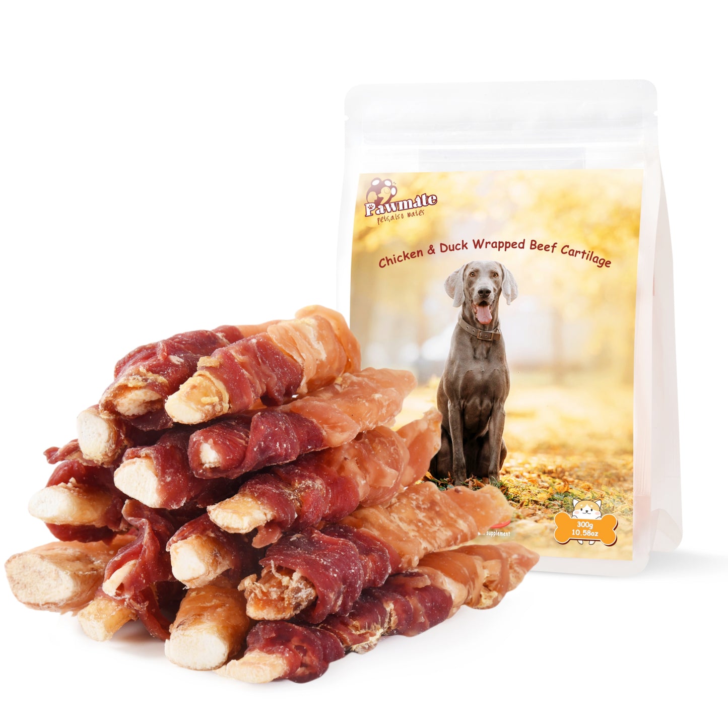 Pawmate Chicken & Duck Wrapped Beef Cartilage, Natural Chews for All Dogs, 11oz